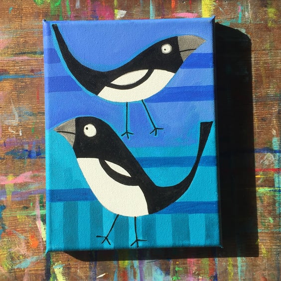 Magpies original acrylic painting on canvas in blue by Jo Brown Happy Tomato