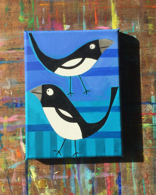 Magpies original acrylic painting on canvas in blue by Jo Brown Happy Tomato
