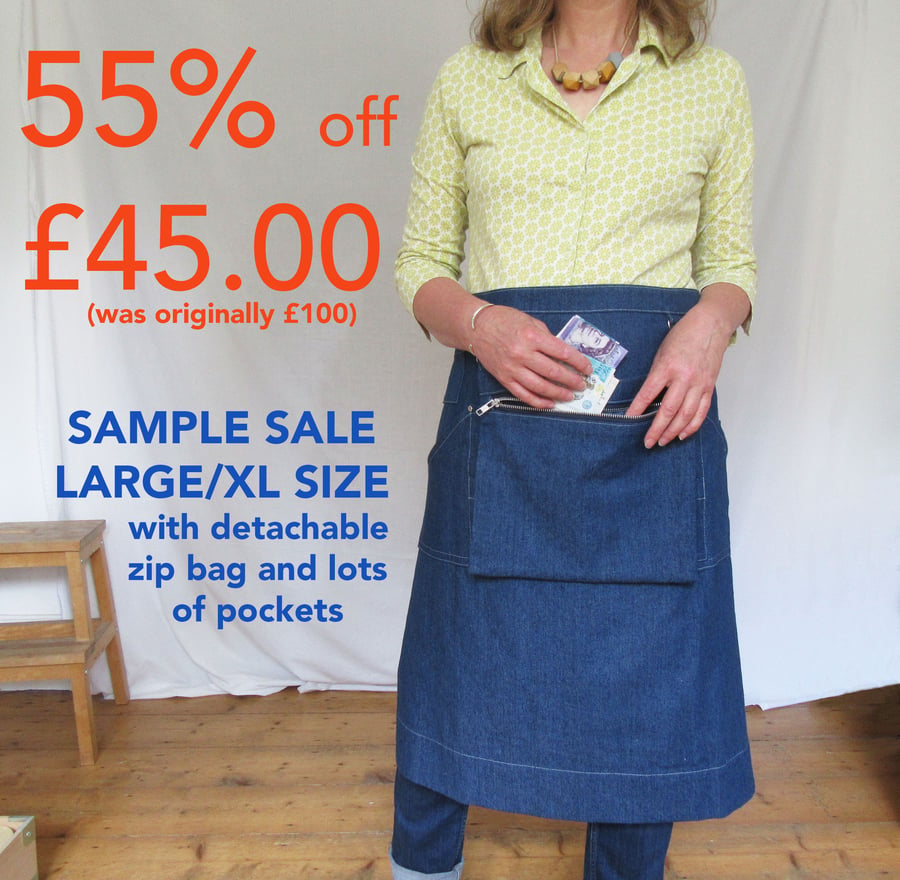 Large-XL Denim Apron with Detachable Bag for Traders & Gardeners.