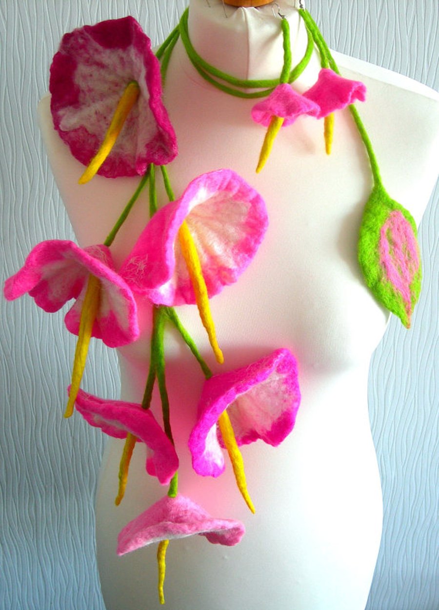  Hand Felted Wool Jewelry  SKARF OR NECKLACE OR BELT and earrings "Pink Beauty"