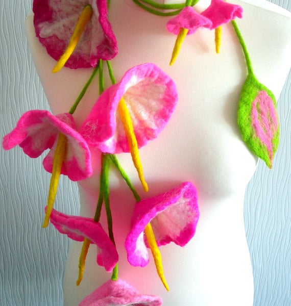 Hand Felted Wool Jewelry  SKARF OR NECKLACE OR BELT and earrings "Pink Beauty"