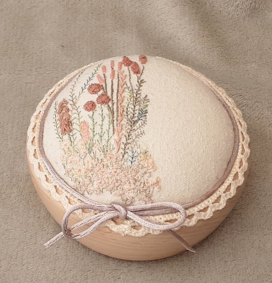 Hand embroidered pin cushion, hand sewn lqrge pastel pincushion
