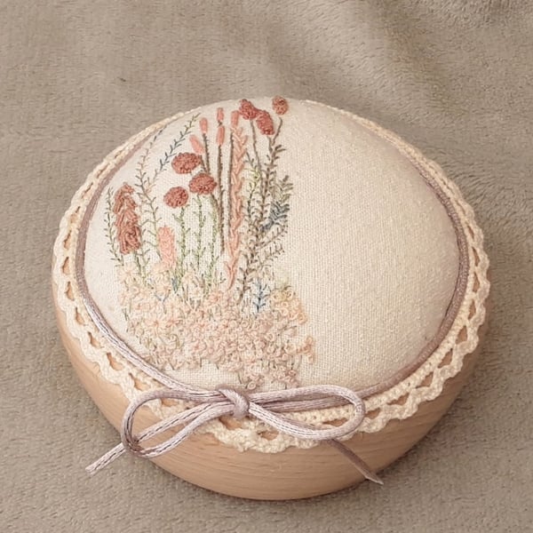 Hand embroidered pin cushion, hand sewn lqrge pastel pincushion