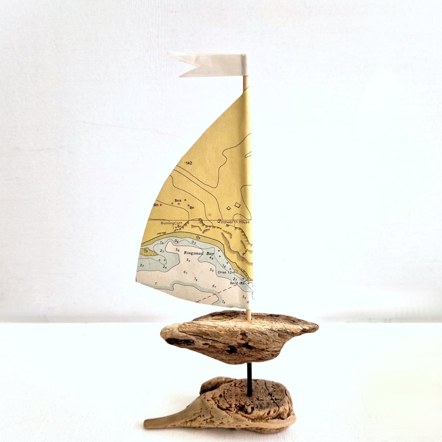 Dorset - Ringstead Bay driftwood sailboat ornament, authentic nautical map sail