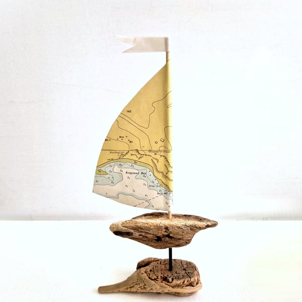 Dorset - Ringstead Bay driftwood sailboat ornament, authentic nautical map sail