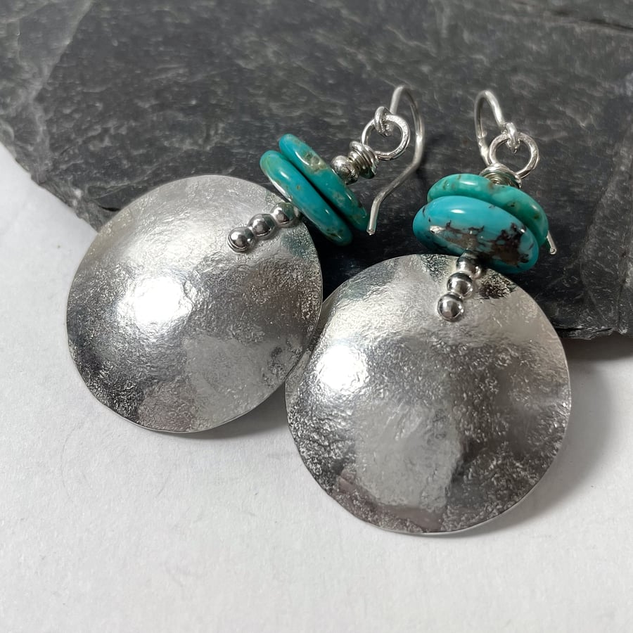Large round silver and bright turquoise earrings 
