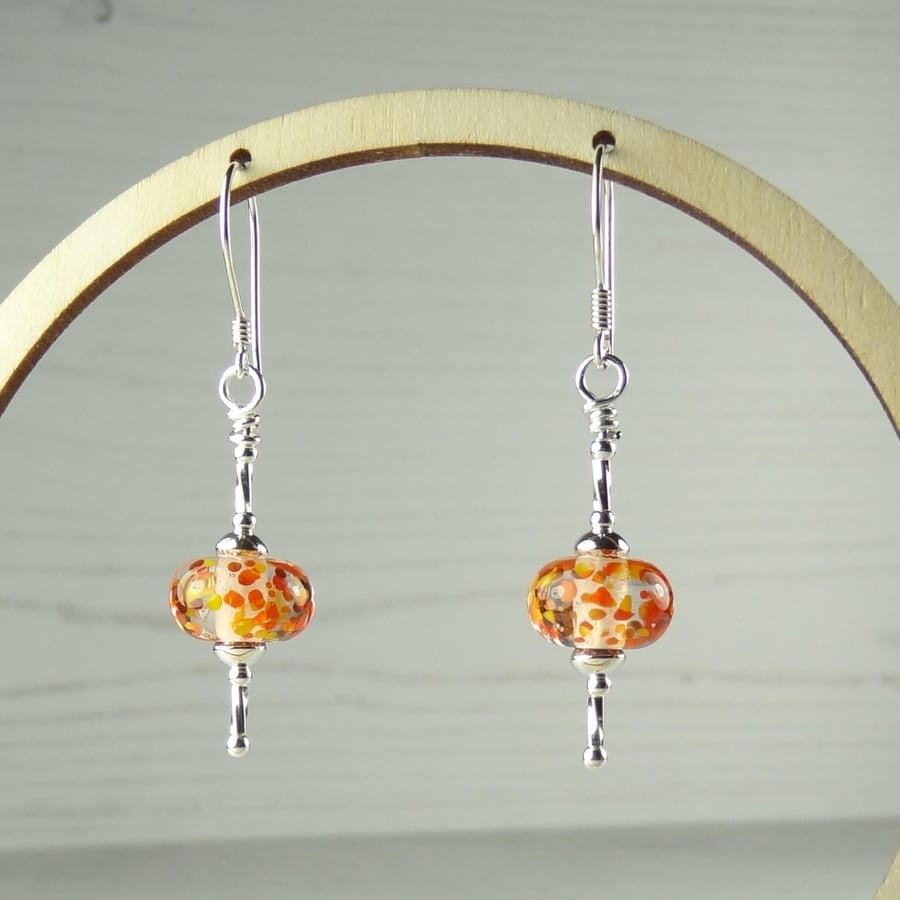 Orange speckled lampwork glass drop earrings, sterling silver, gift box