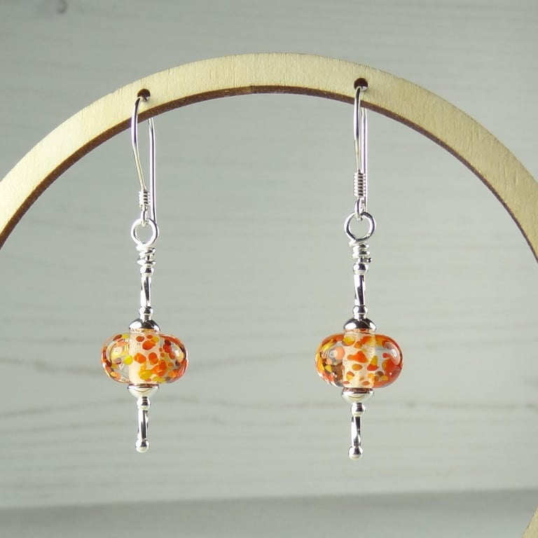 Orange speckled lampwork glass drop earrings, sterling silver, gift box