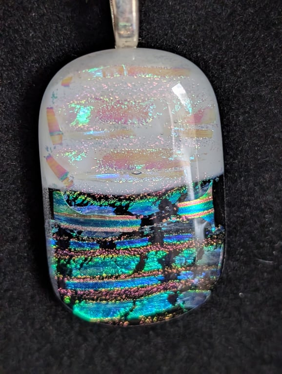 Black White and Rainbow Dichroic Fused Glass Pendant Necklace handmade in UK