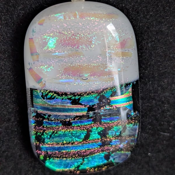 Black White and Rainbow Dichroic Fused Glass Pendant Necklace handmade in UK