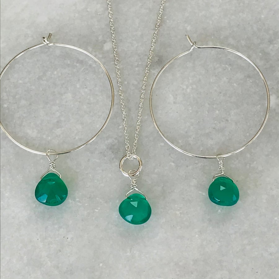 Green Onyx Briolette Bead Necklace And Earring Set, Sterling Silver Gift For Her