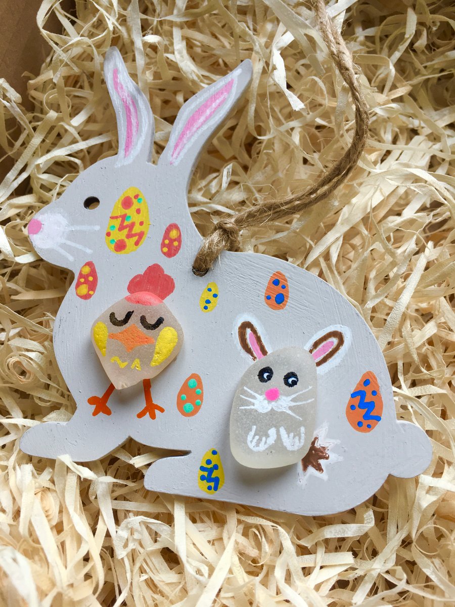 Wooden Easter Bunny, hand painted sea glass decoration 