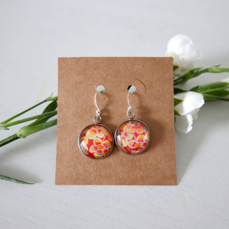 Red Dangle Earrings, Flower Art Jewellery, Red Flowers Artwork Painting 