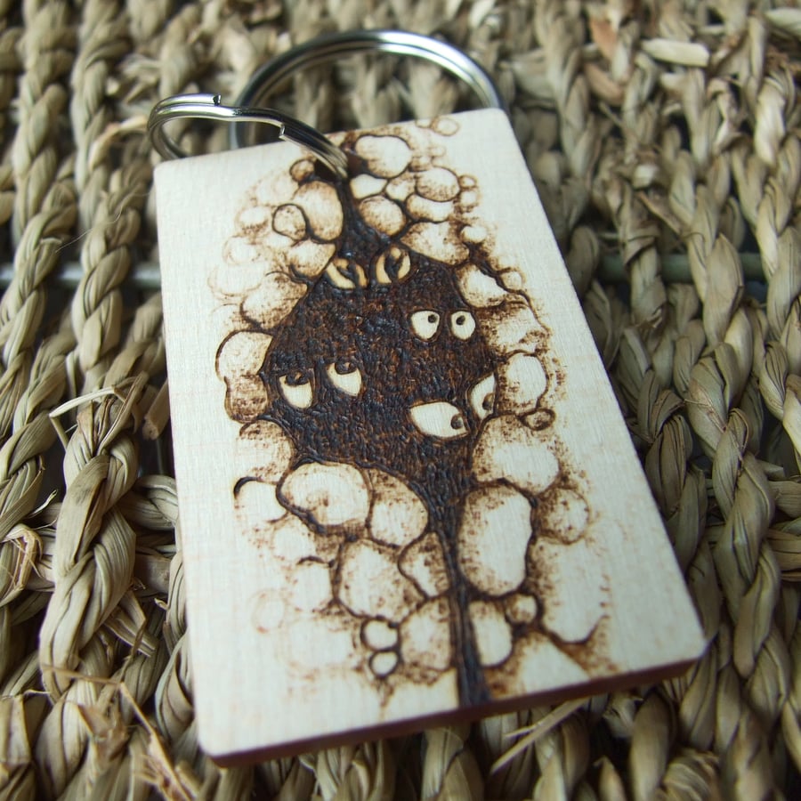 Spooky Eyes Pyrography Personalised Wooden Keyring