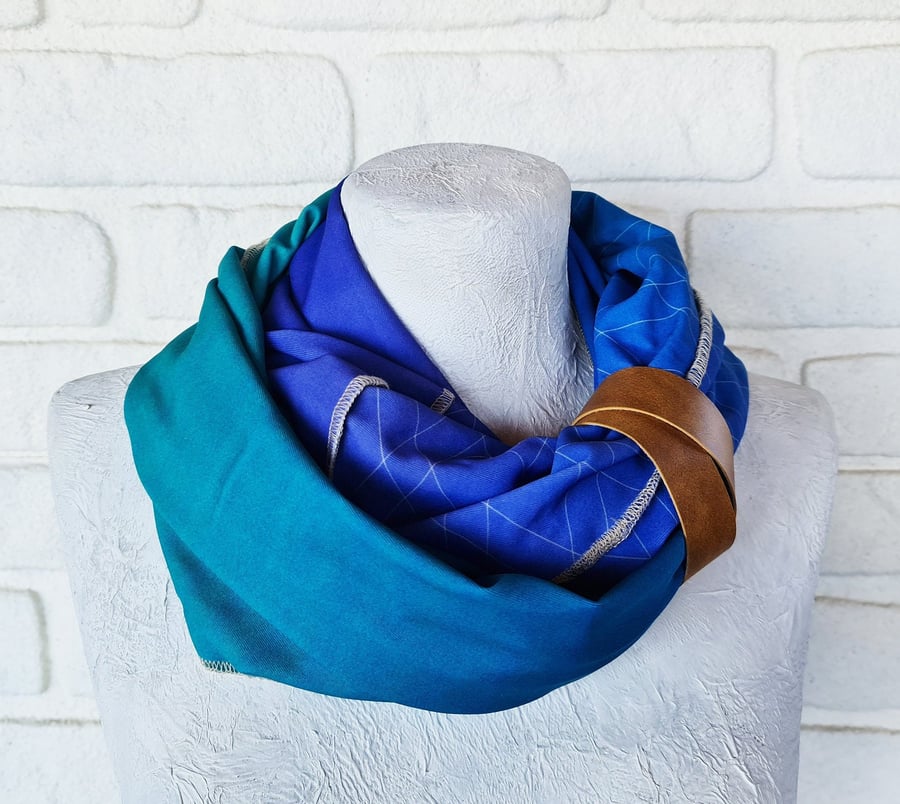 Blue-green-designers modern infinity scarf with faux leather strap 