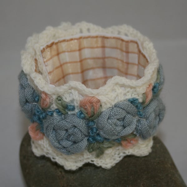 Embroidered and Knitted Cuff - Roses on  ivory lace