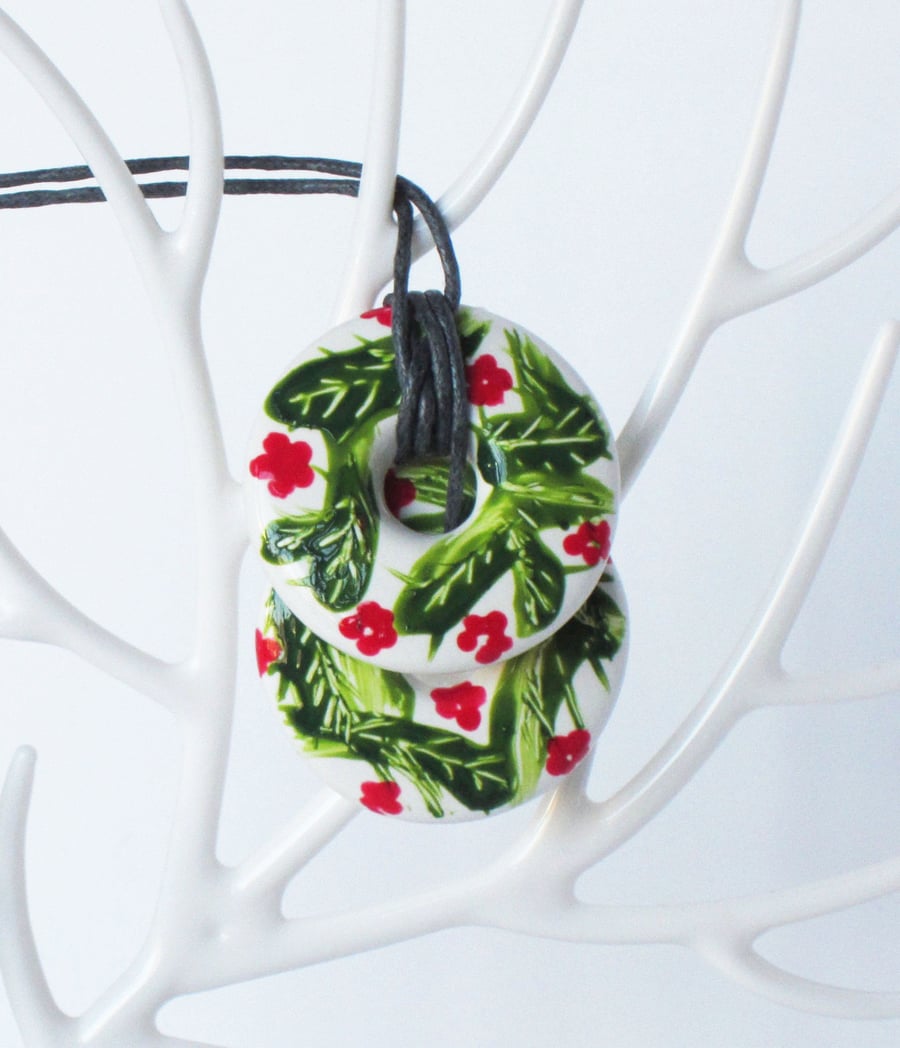 Hand Painted Flower and Leaf Pattern Double Stacked Donut Shaped Ceramic Pendant