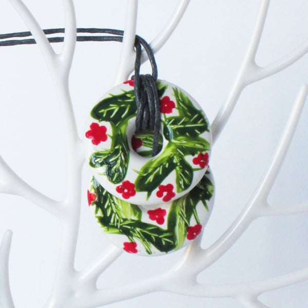 Hand Painted Flower and Leaf Pattern Double Stacked Donut Shaped Ceramic Pendant