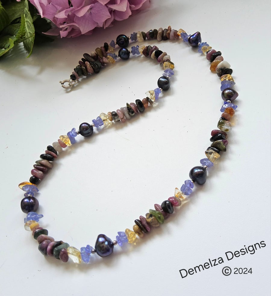 Ombre Multi Gemstone & Fresh Water Pearl Necklace Sterling Silver