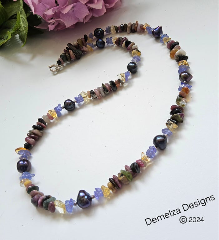 Ombre Multi Gemstone & Fresh Water Pearl Necklace Sterling Silver