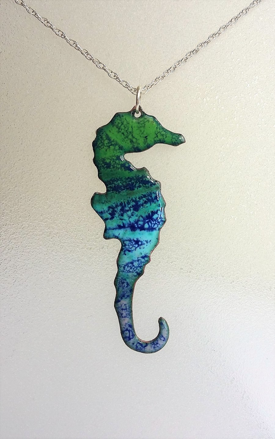 Seahorse pendant in blue and green enamelled copper 114