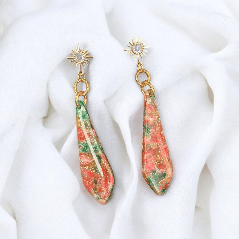 Peach and green marble Effect Dangle Handmade polymer clay Earring 
