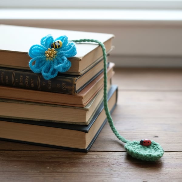 Forget-Me-Not Yarn Loom Bookmark with Tunisian Crochet Leaf – Charming Gift