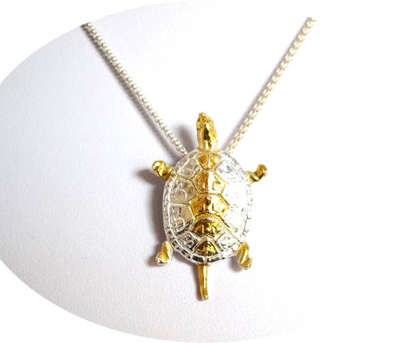 Fine Silver Jewellery - Silver Turtle Pendant Necklace - 24k Gold Highlights