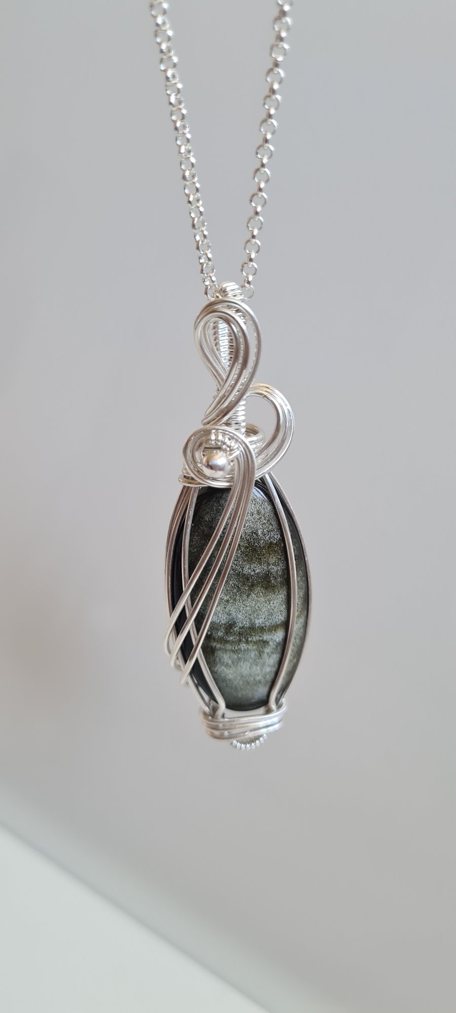 Natural Silver Sheen Obsidian & 925 Silver Necklace Pendant Gift Crystal Jewelle