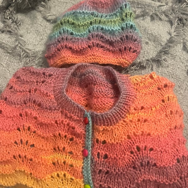 Hand knitted cardigan and hat
