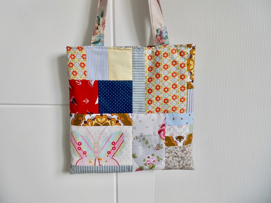 Fabric tote bag shopper patchwork long handles