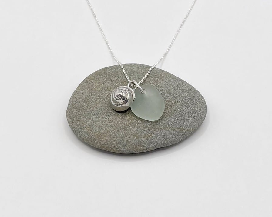 Cornish Sea Glass Necklace with Silver Coated Venetian Seashell - Pale Sea Foam