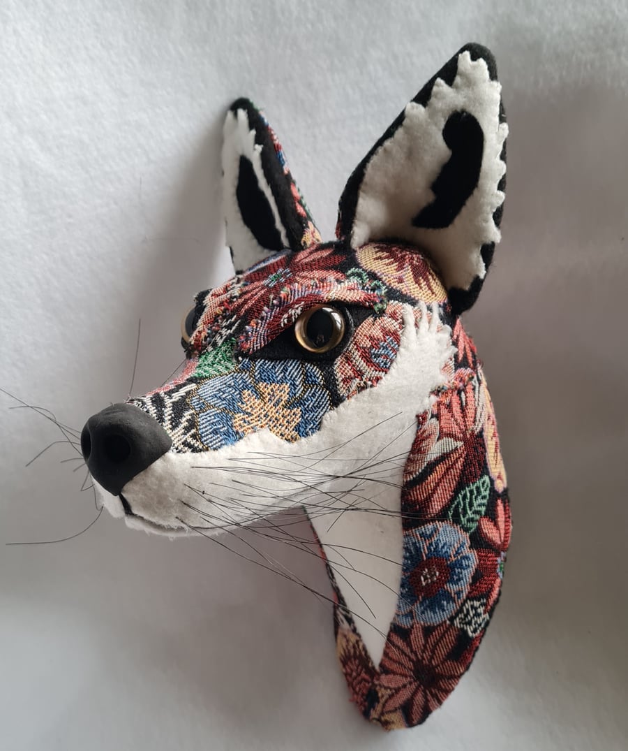 Faux fox wall mount in floral tapestry fabric