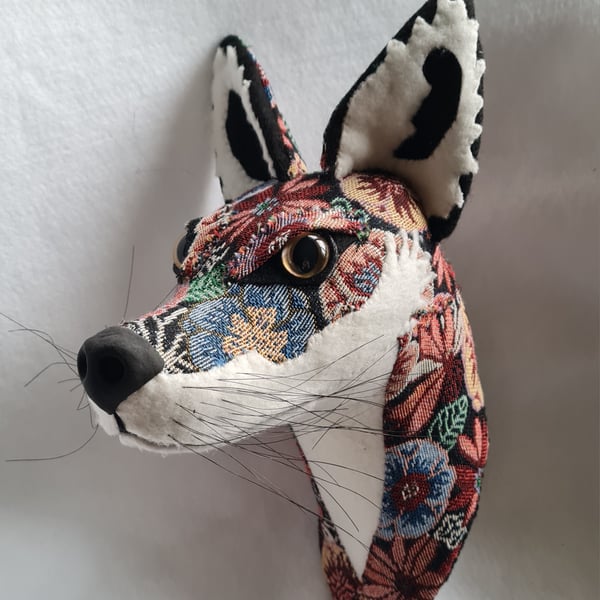 Faux fox wall mount in floral tapestry fabric