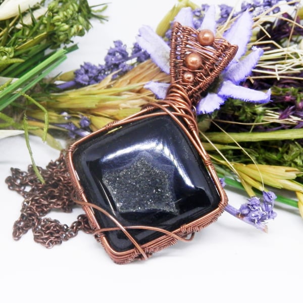 Black Druzy Agate Copper Necklace