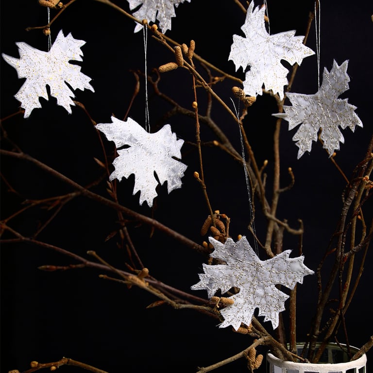Gold Glitter Maple Leaf Decorations: Embroidered Ivory Hanging Ornaments