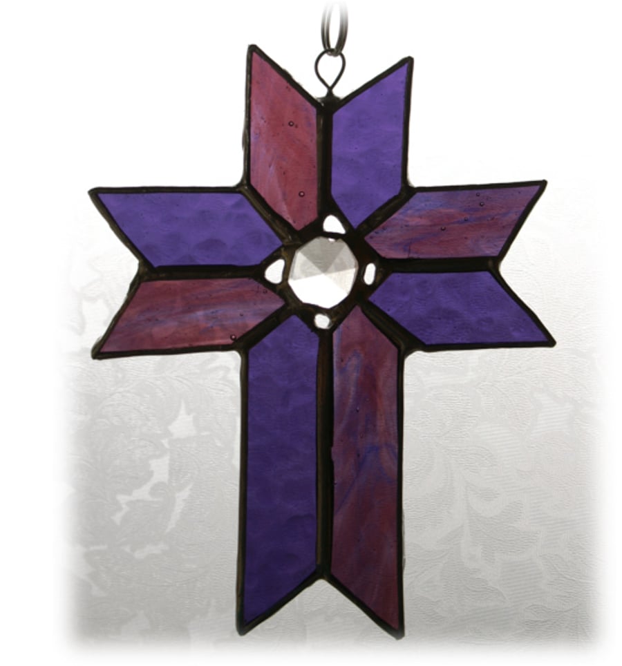 SOLD Cross Suncatcher Stained Glass Handmade Purple Blue Crystal 
