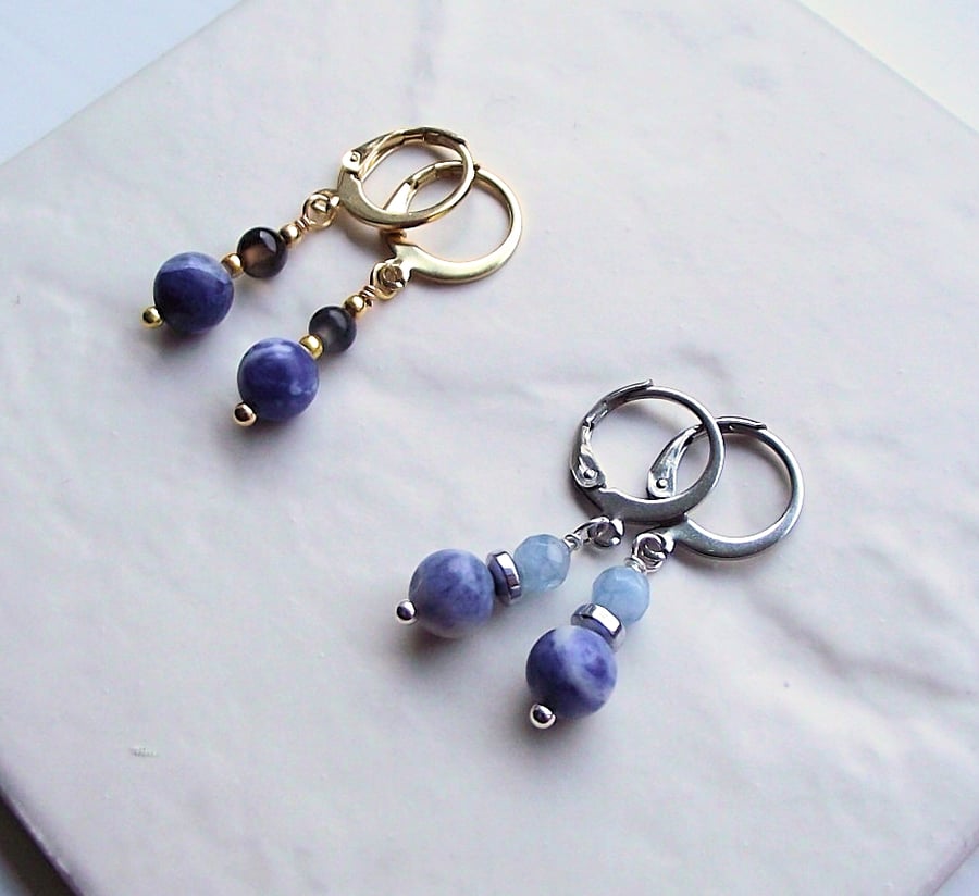 Blue Sodalite small hoop earrings silver gold gemstone 2 pairs