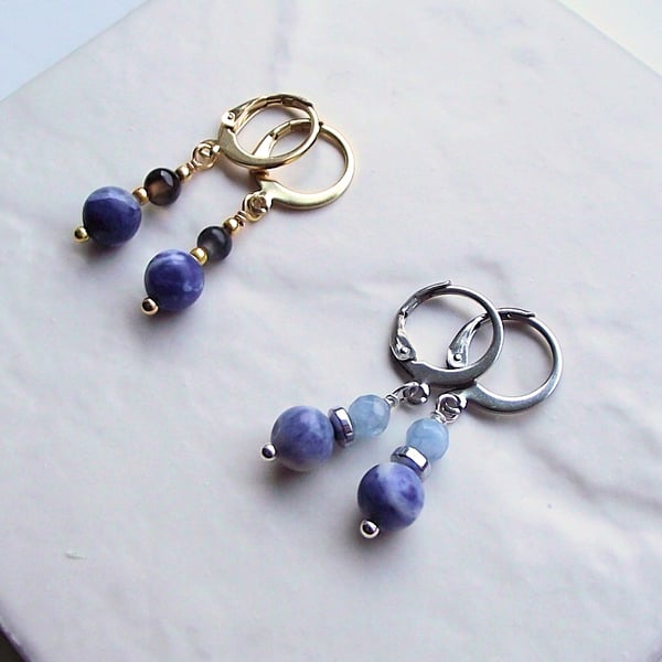 Blue Sodalite small hoop earrings silver gold gemstone 2 pairs