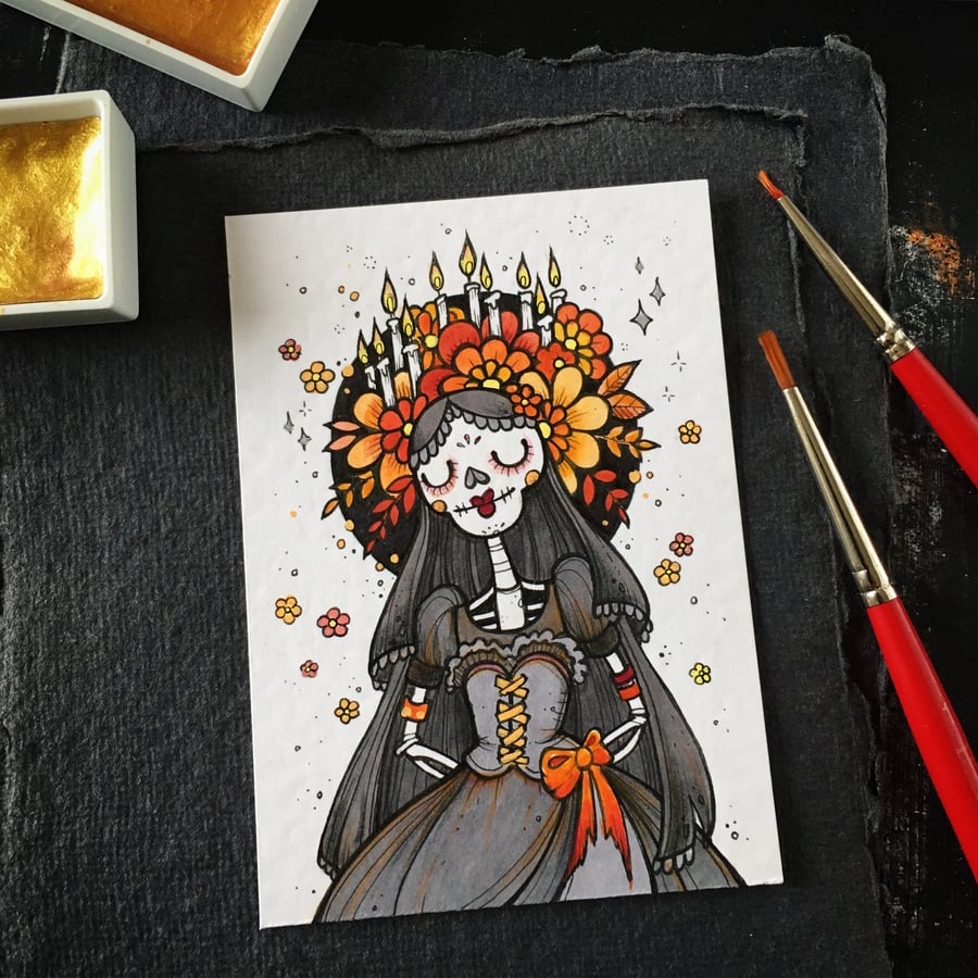 spooky floral skeleton - inktober - original aceo