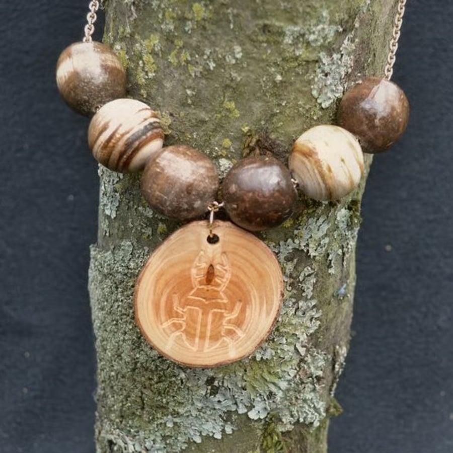 Pine, Bay Tree & Linden Wood Scarab Beetle Necklace.