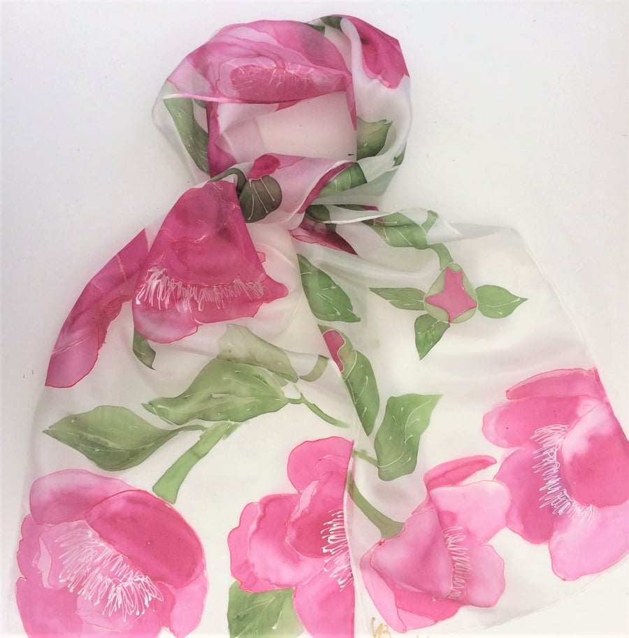 Pink Peonies hand painted silk scarf