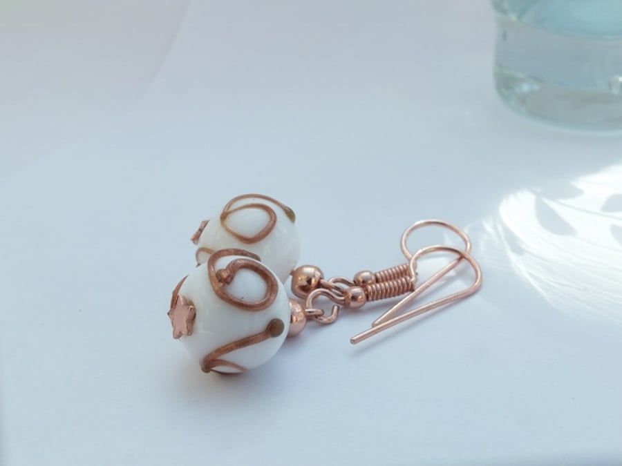 White and Gold Glass Earrings Rose Gold Plated Copper Shepherd Hooks