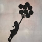 Banksy girl floating with balloons, many colors available, 65 cm tall