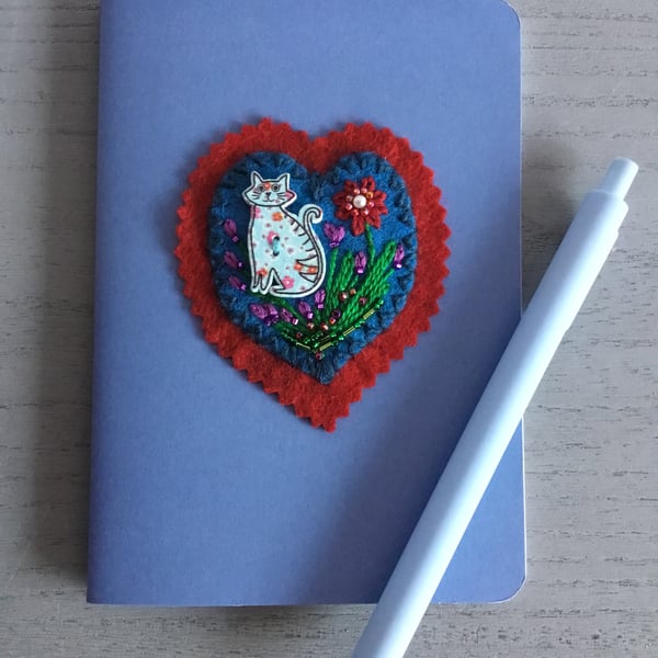 Hand Embroidered Cat Notebook and Pen Set
