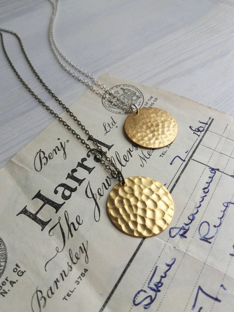 Gold Hammered Disc necklace - Golden Sun - raw brass on silver or bronze