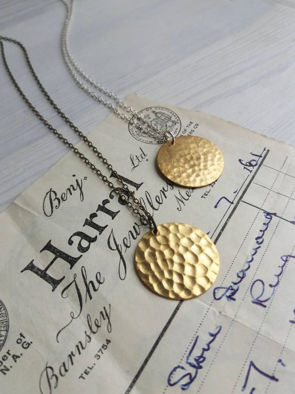 Gold Hammered Disc necklace - Golden Sun - raw brass on silver or bronze