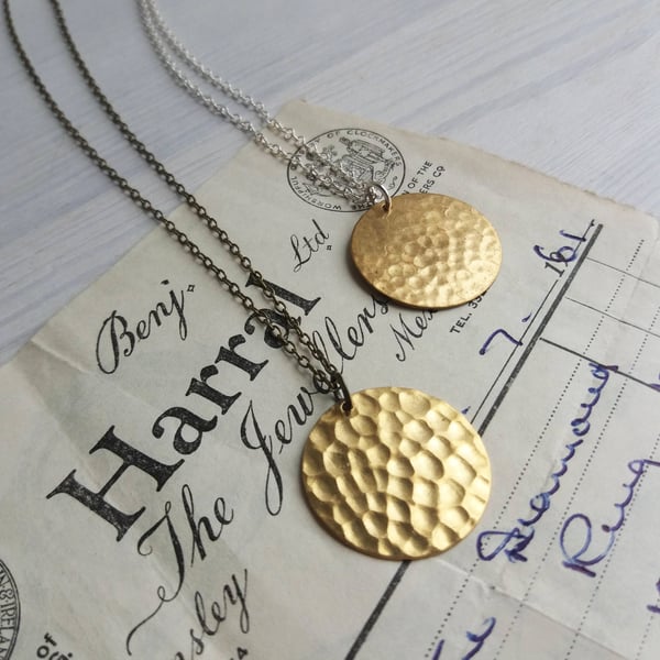 Gold Hammered Disc necklace - Golden Sun - raw brass on silver or bronze