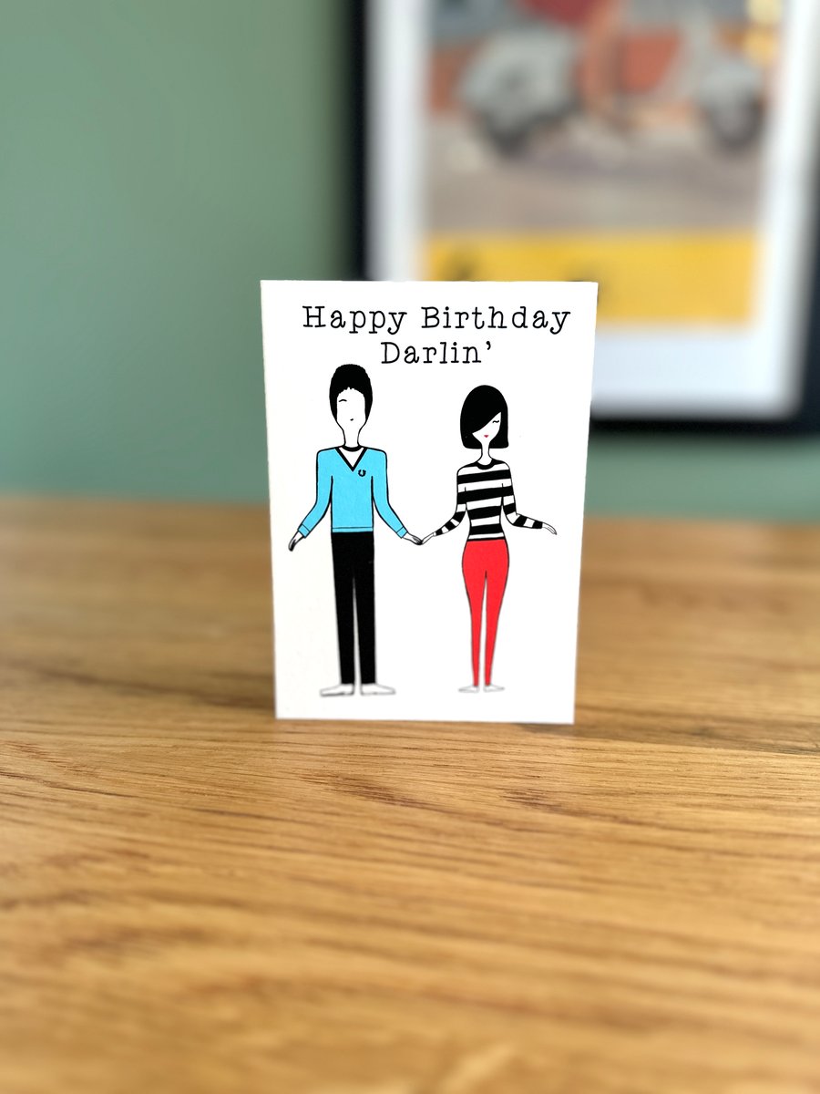 Happy Birthday Darlin' Greeting Card 1960s Mod Couple Mod Girl Mod Boy