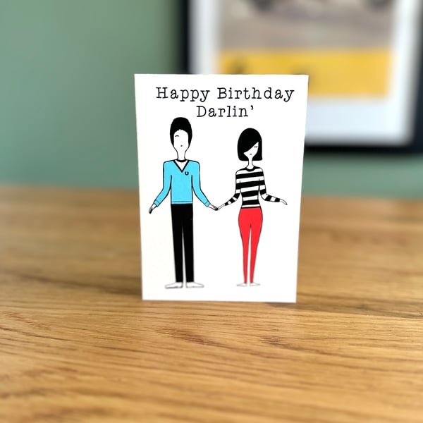 Happy Birthday Darlin' Greeting Card 1960s Mod Couple Mod Girl Mod Boy